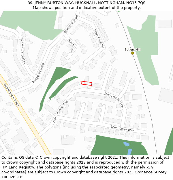 39, JENNY BURTON WAY, HUCKNALL, NOTTINGHAM, NG15 7QS: Location map and indicative extent of plot