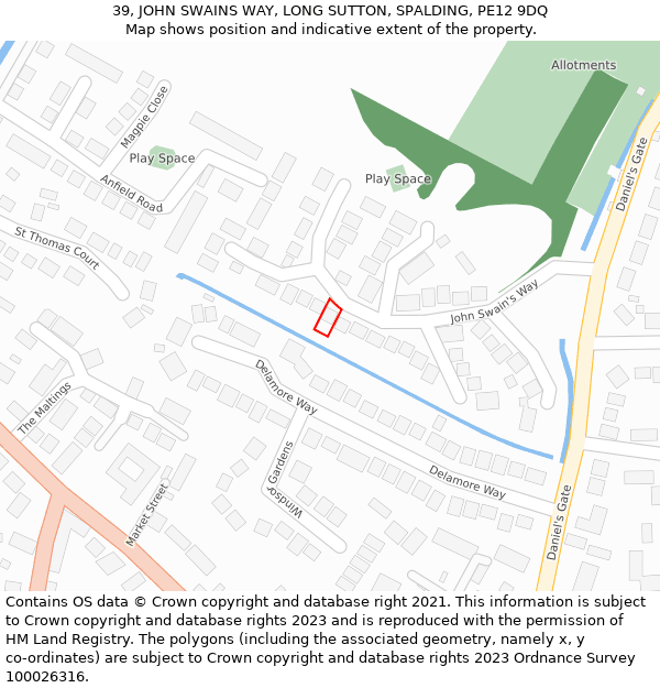 39, JOHN SWAINS WAY, LONG SUTTON, SPALDING, PE12 9DQ: Location map and indicative extent of plot