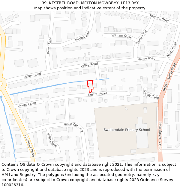 39, KESTREL ROAD, MELTON MOWBRAY, LE13 0AY: Location map and indicative extent of plot