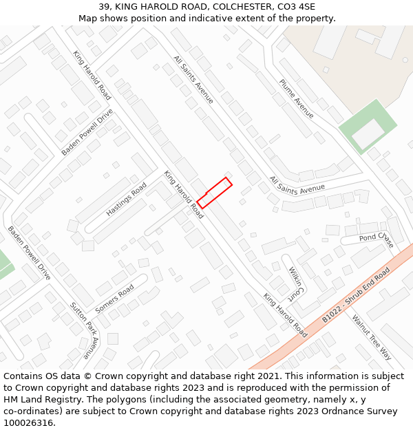 39, KING HAROLD ROAD, COLCHESTER, CO3 4SE: Location map and indicative extent of plot