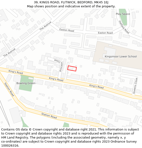 39, KINGS ROAD, FLITWICK, BEDFORD, MK45 1EJ: Location map and indicative extent of plot