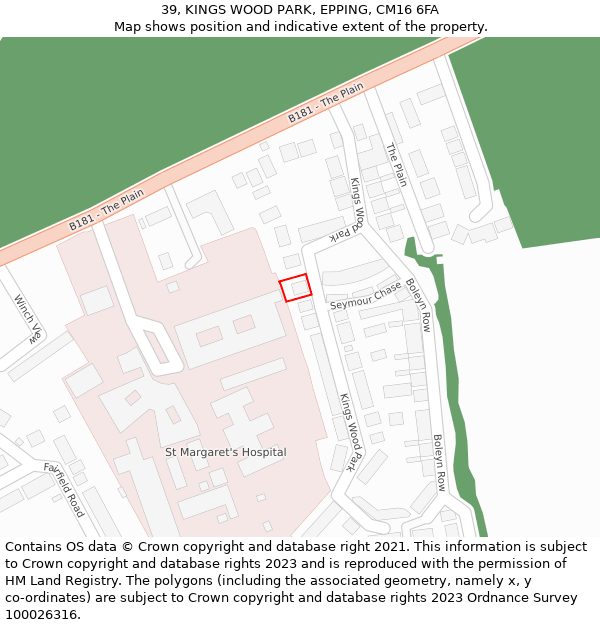 39, KINGS WOOD PARK, EPPING, CM16 6FA: Location map and indicative extent of plot