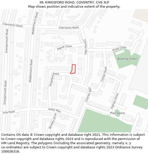 39, KINGSFORD ROAD, COVENTRY, CV6 3LP: Location map and indicative extent of plot