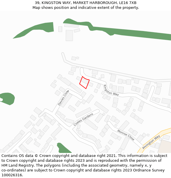 39, KINGSTON WAY, MARKET HARBOROUGH, LE16 7XB: Location map and indicative extent of plot
