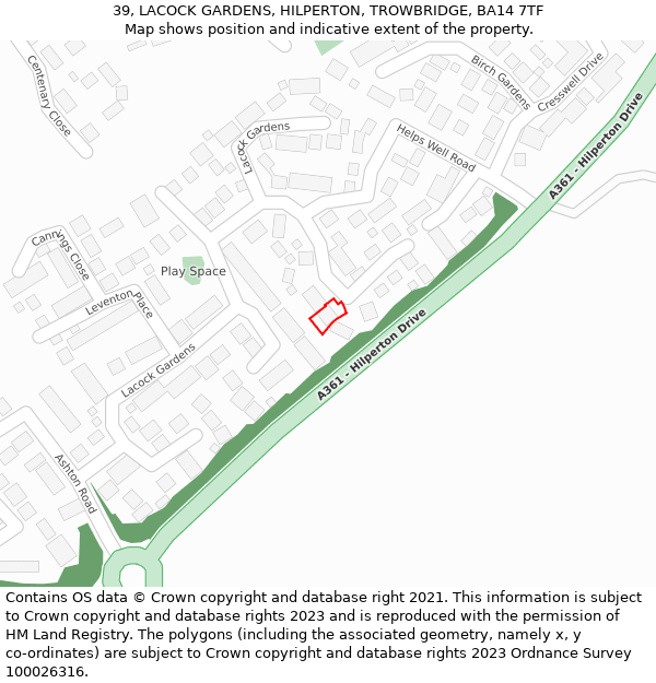 39, LACOCK GARDENS, HILPERTON, TROWBRIDGE, BA14 7TF: Location map and indicative extent of plot