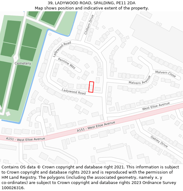 39, LADYWOOD ROAD, SPALDING, PE11 2DA: Location map and indicative extent of plot