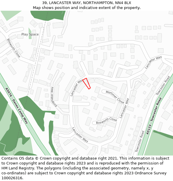 39, LANCASTER WAY, NORTHAMPTON, NN4 8LX: Location map and indicative extent of plot