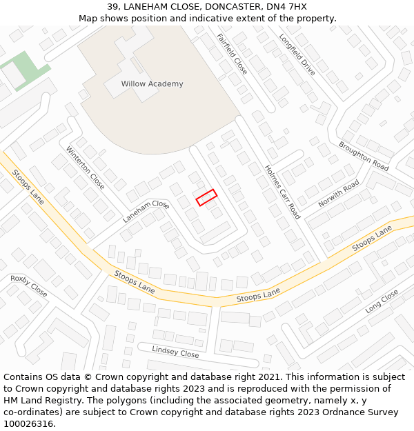 39, LANEHAM CLOSE, DONCASTER, DN4 7HX: Location map and indicative extent of plot