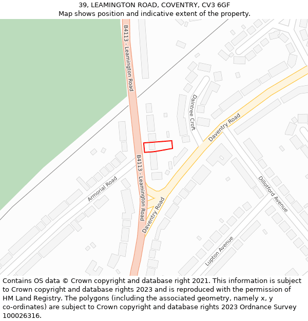 39, LEAMINGTON ROAD, COVENTRY, CV3 6GF: Location map and indicative extent of plot