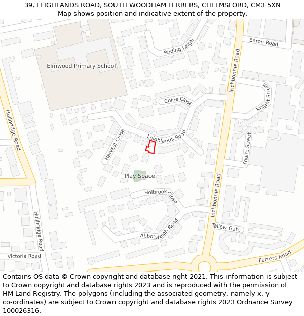 39, LEIGHLANDS ROAD, SOUTH WOODHAM FERRERS, CHELMSFORD, CM3 5XN: Location map and indicative extent of plot