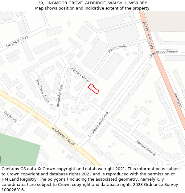 39, LINGMOOR GROVE, ALDRIDGE, WALSALL, WS9 8BY: Location map and indicative extent of plot