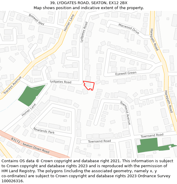 39, LYDGATES ROAD, SEATON, EX12 2BX: Location map and indicative extent of plot