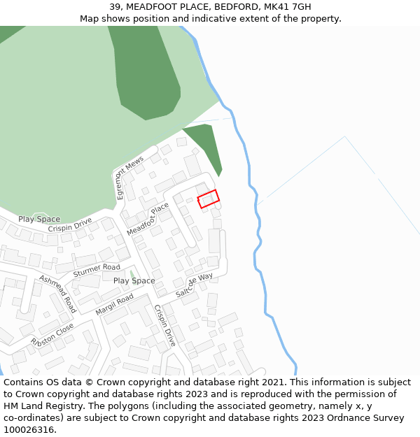 39, MEADFOOT PLACE, BEDFORD, MK41 7GH: Location map and indicative extent of plot