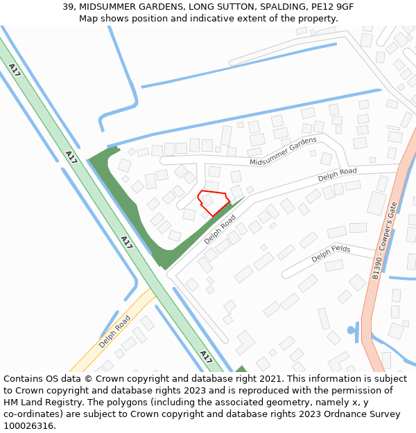 39, MIDSUMMER GARDENS, LONG SUTTON, SPALDING, PE12 9GF: Location map and indicative extent of plot