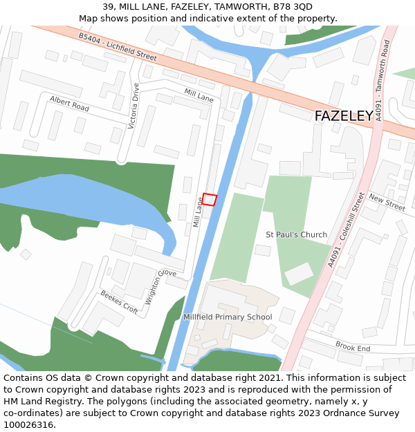 39, MILL LANE, FAZELEY, TAMWORTH, B78 3QD: Location map and indicative extent of plot