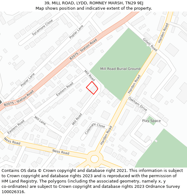 39, MILL ROAD, LYDD, ROMNEY MARSH, TN29 9EJ: Location map and indicative extent of plot