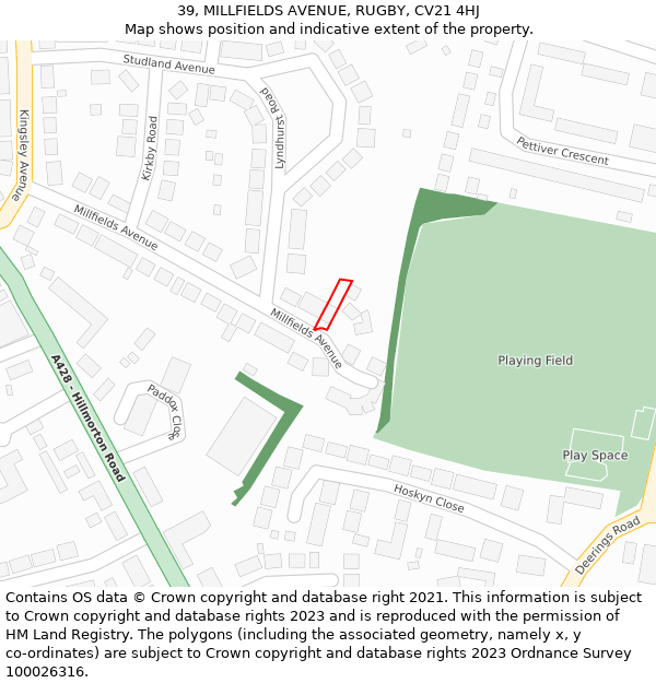 39, MILLFIELDS AVENUE, RUGBY, CV21 4HJ: Location map and indicative extent of plot