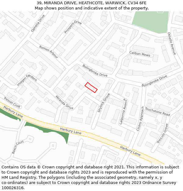 39, MIRANDA DRIVE, HEATHCOTE, WARWICK, CV34 6FE: Location map and indicative extent of plot