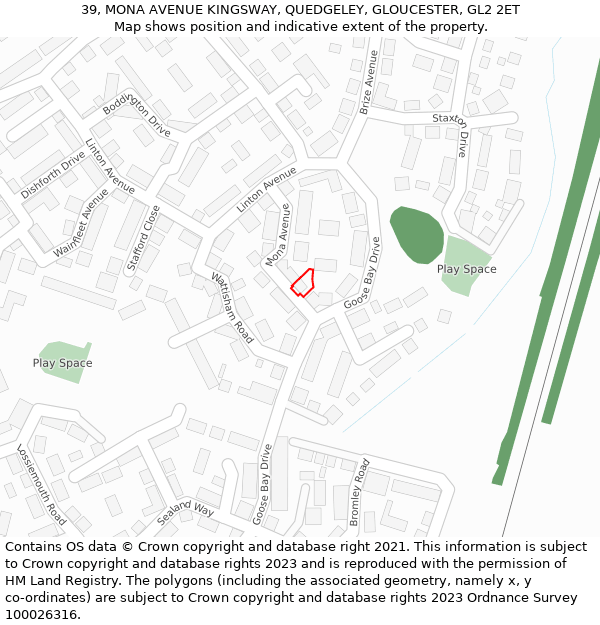 39, MONA AVENUE KINGSWAY, QUEDGELEY, GLOUCESTER, GL2 2ET: Location map and indicative extent of plot