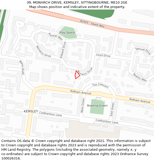 39, MONARCH DRIVE, KEMSLEY, SITTINGBOURNE, ME10 2GE: Location map and indicative extent of plot