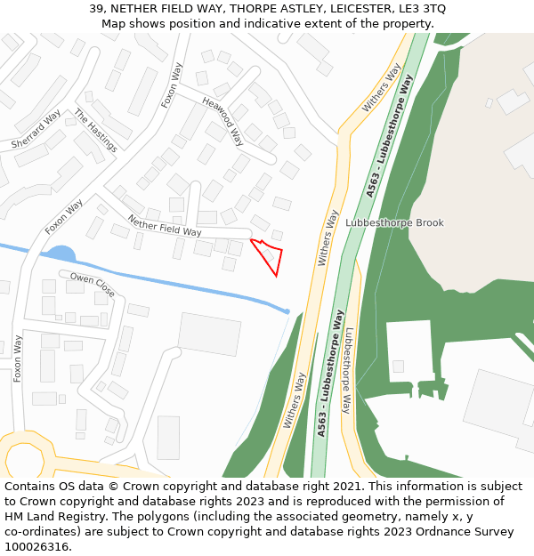 39, NETHER FIELD WAY, THORPE ASTLEY, LEICESTER, LE3 3TQ: Location map and indicative extent of plot