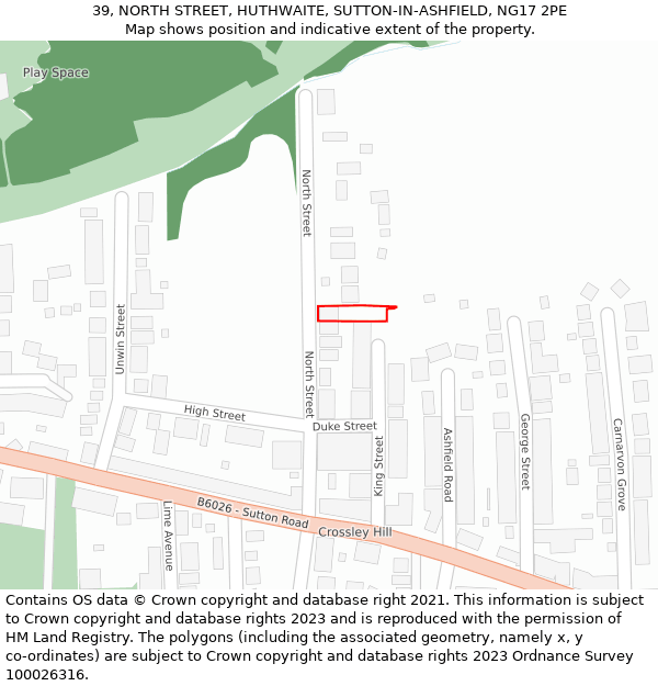 39, NORTH STREET, HUTHWAITE, SUTTON-IN-ASHFIELD, NG17 2PE: Location map and indicative extent of plot