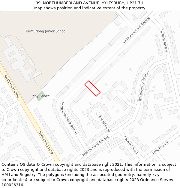 39, NORTHUMBERLAND AVENUE, AYLESBURY, HP21 7HJ: Location map and indicative extent of plot