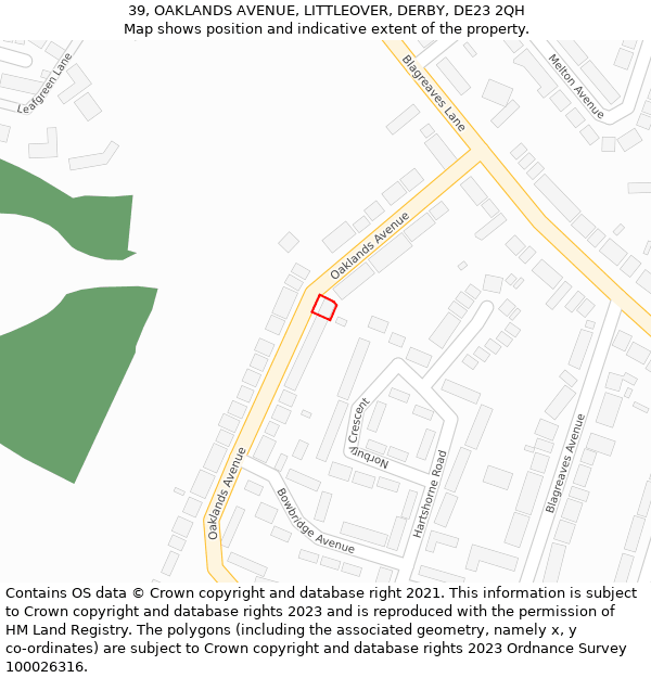 39, OAKLANDS AVENUE, LITTLEOVER, DERBY, DE23 2QH: Location map and indicative extent of plot