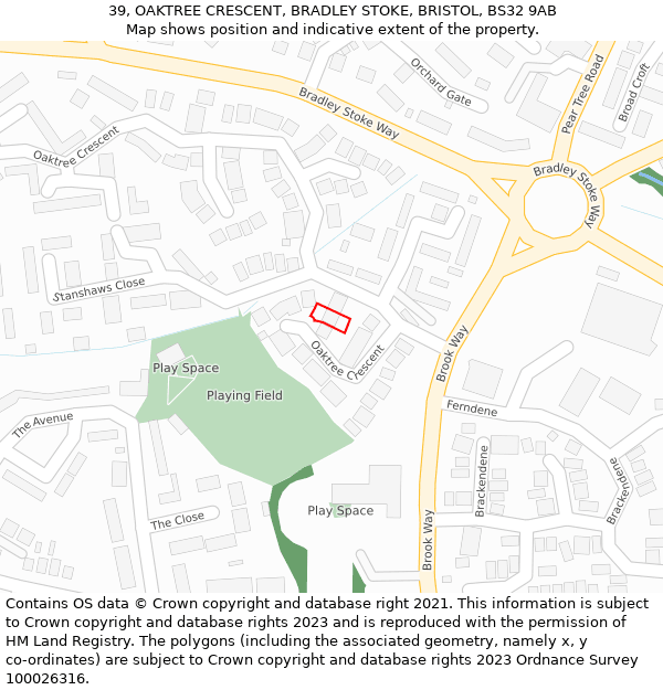 39, OAKTREE CRESCENT, BRADLEY STOKE, BRISTOL, BS32 9AB: Location map and indicative extent of plot