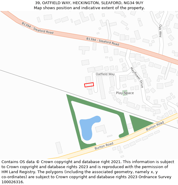 39, OATFIELD WAY, HECKINGTON, SLEAFORD, NG34 9UY: Location map and indicative extent of plot