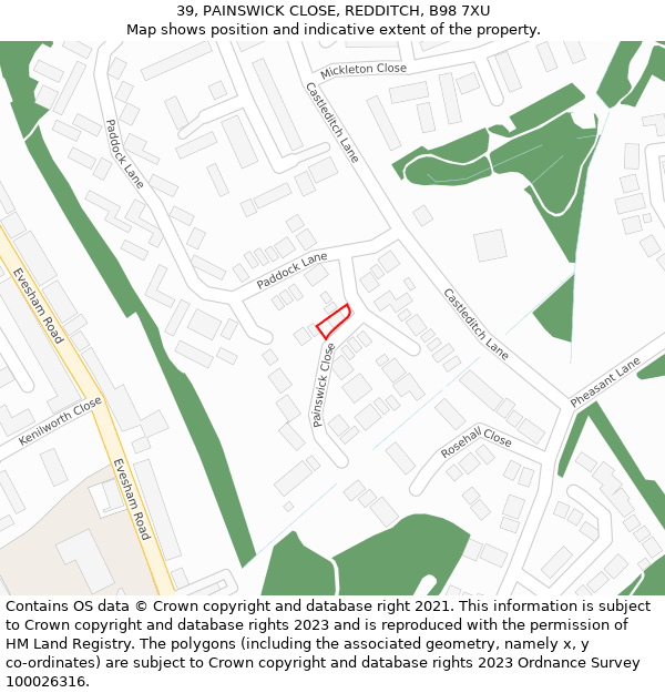 39, PAINSWICK CLOSE, REDDITCH, B98 7XU: Location map and indicative extent of plot