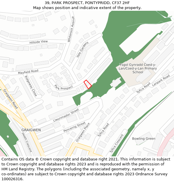 39, PARK PROSPECT, PONTYPRIDD, CF37 2HF: Location map and indicative extent of plot