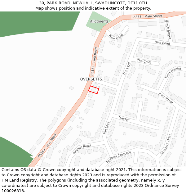 39, PARK ROAD, NEWHALL, SWADLINCOTE, DE11 0TU: Location map and indicative extent of plot