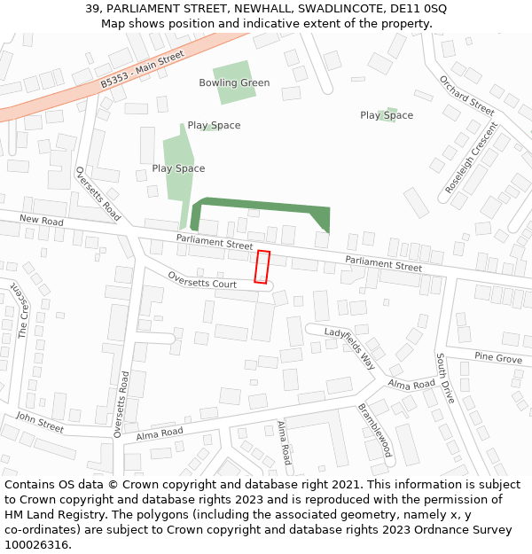 39, PARLIAMENT STREET, NEWHALL, SWADLINCOTE, DE11 0SQ: Location map and indicative extent of plot