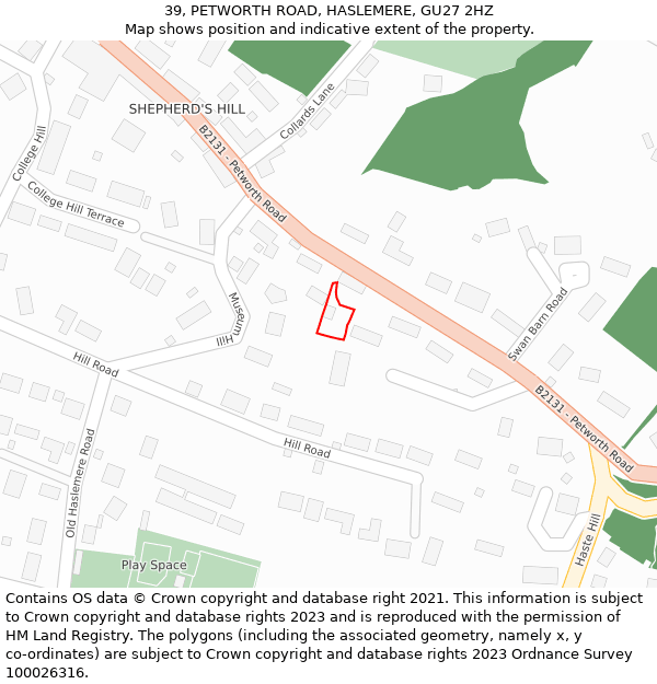 39, PETWORTH ROAD, HASLEMERE, GU27 2HZ: Location map and indicative extent of plot