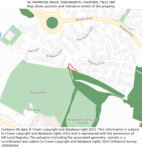 39, PRIMROSE DRIVE, KINGSNORTH, ASHFORD, TN23 3NP: Location map and indicative extent of plot