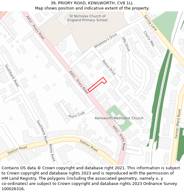 39, PRIORY ROAD, KENILWORTH, CV8 1LL: Location map and indicative extent of plot