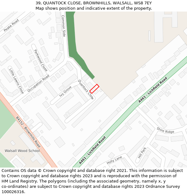 39, QUANTOCK CLOSE, BROWNHILLS, WALSALL, WS8 7EY: Location map and indicative extent of plot