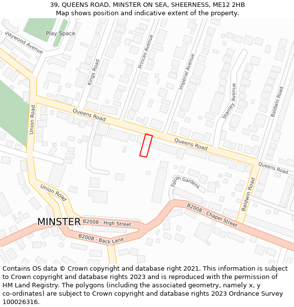 39, QUEENS ROAD, MINSTER ON SEA, SHEERNESS, ME12 2HB: Location map and indicative extent of plot