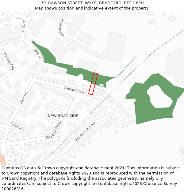 39, RAWSON STREET, WYKE, BRADFORD, BD12 8PH: Location map and indicative extent of plot