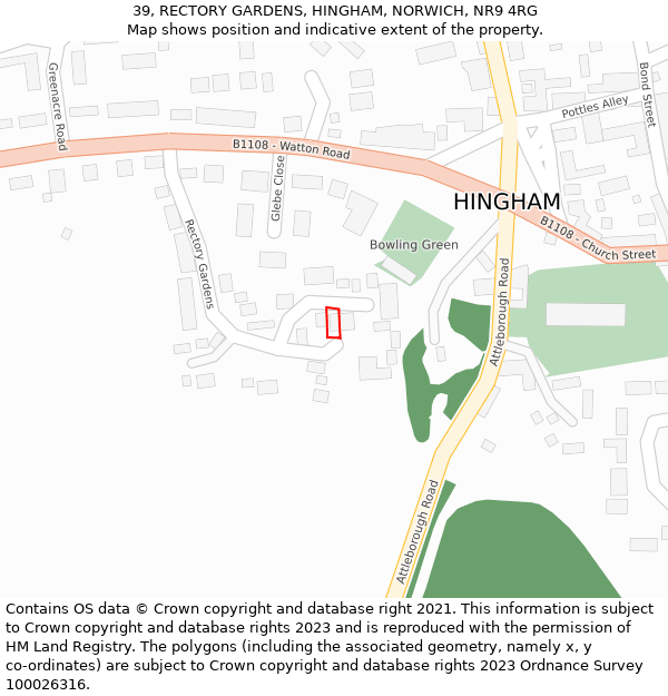 39, RECTORY GARDENS, HINGHAM, NORWICH, NR9 4RG: Location map and indicative extent of plot