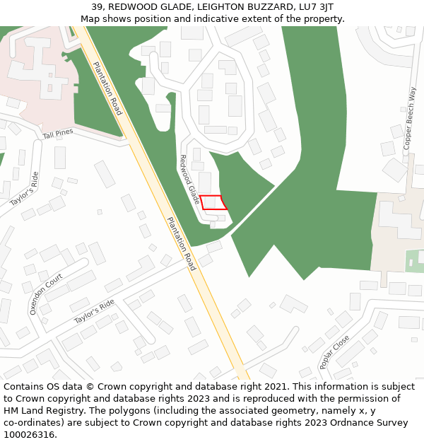 39, REDWOOD GLADE, LEIGHTON BUZZARD, LU7 3JT: Location map and indicative extent of plot