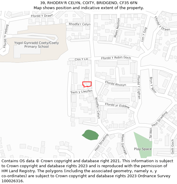 39, RHODFA'R CELYN, COITY, BRIDGEND, CF35 6FN: Location map and indicative extent of plot