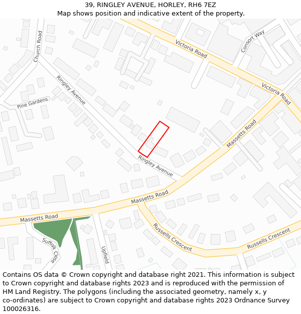 39, RINGLEY AVENUE, HORLEY, RH6 7EZ: Location map and indicative extent of plot