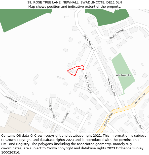 39, ROSE TREE LANE, NEWHALL, SWADLINCOTE, DE11 0LN: Location map and indicative extent of plot