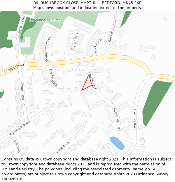 39, RUSHBROOK CLOSE, AMPTHILL, BEDFORD, MK45 2XE: Location map and indicative extent of plot