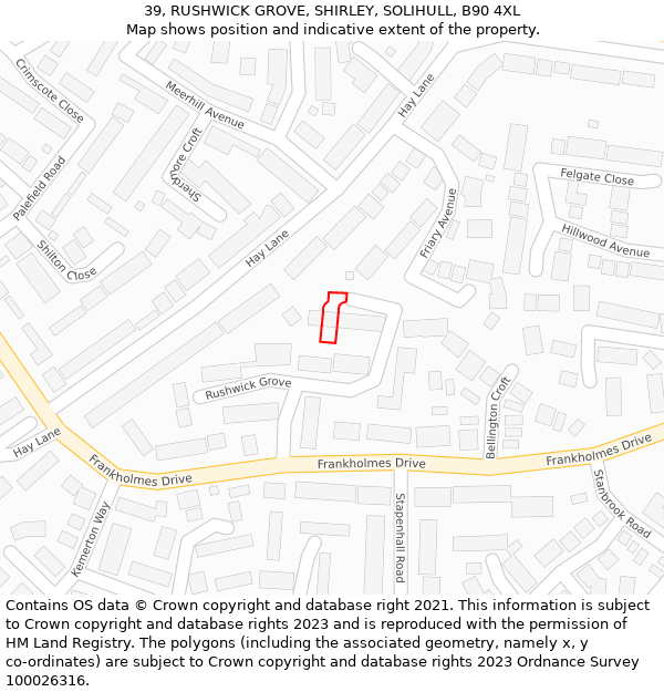 39, RUSHWICK GROVE, SHIRLEY, SOLIHULL, B90 4XL: Location map and indicative extent of plot