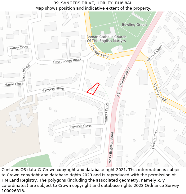 39, SANGERS DRIVE, HORLEY, RH6 8AL: Location map and indicative extent of plot