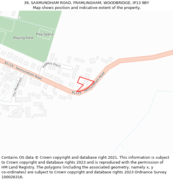 39, SAXMUNDHAM ROAD, FRAMLINGHAM, WOODBRIDGE, IP13 9BY: Location map and indicative extent of plot