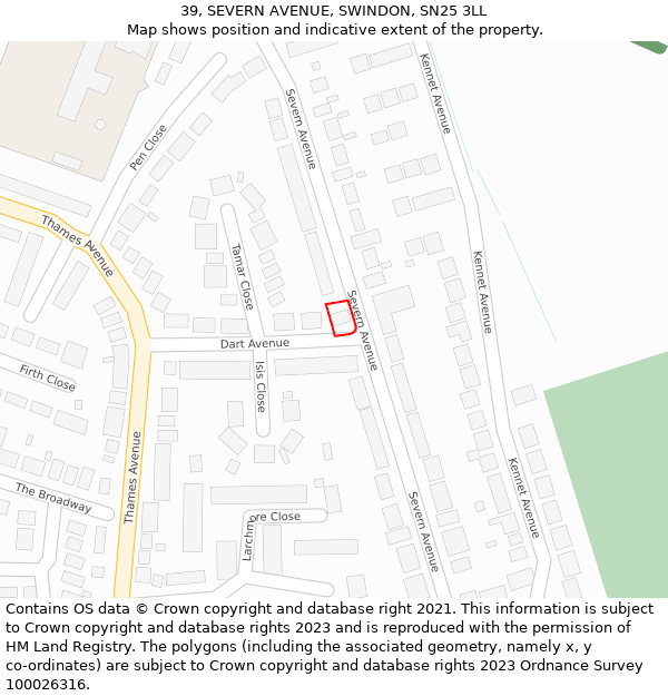 39, SEVERN AVENUE, SWINDON, SN25 3LL: Location map and indicative extent of plot